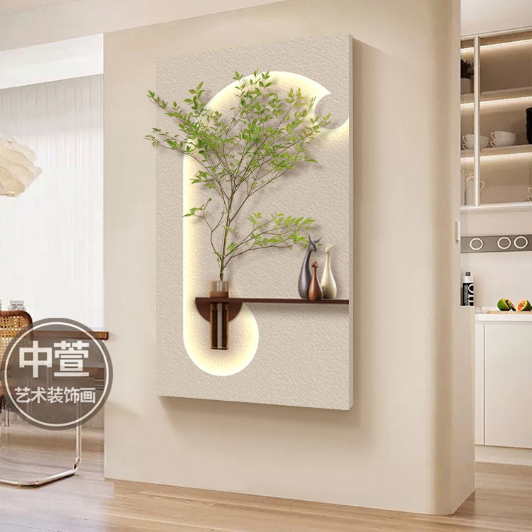 2025新款奶油风水培绿植过道玄关砂岩画灯光装饰画立体创意壁画