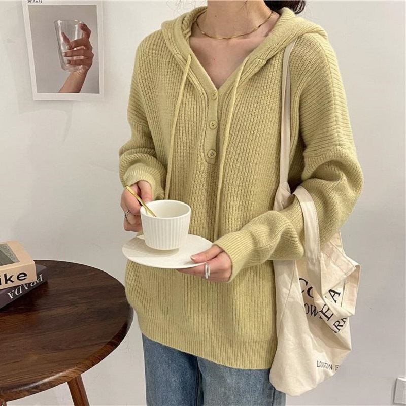 Suéter de mujer invierno / otoño abrigo temperamento de alto nivel japonés / coreano relajado chaqueta de viento con correa de correa variada camisa de punto con capuz image 11