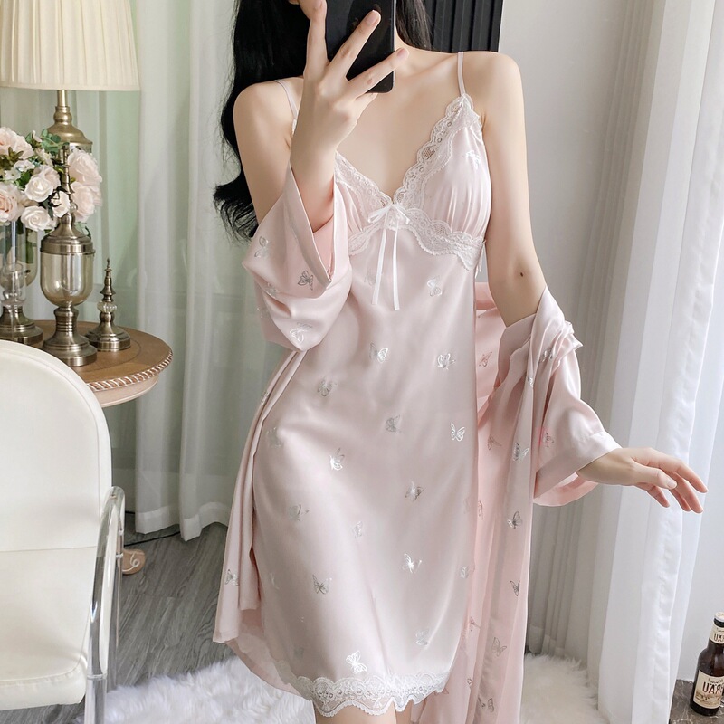 Sexy Pajamas Women's Summer Ice Silk Hot Stamping Butterfly High-grade Sling Nightgown with Chest Pad Home Clothes Net Drawing