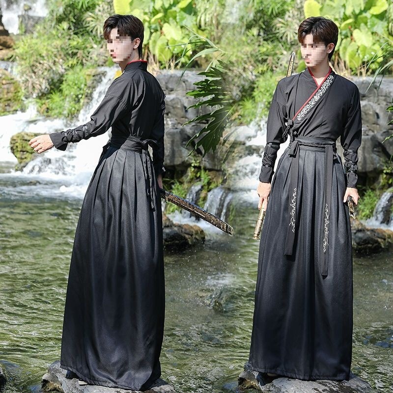 Men's Hanfu Student Clothing, Martial Arts Style Class Uniform, Handsome Ancient Costume for Men, Fairy-Like Summer Outfit, Black Style