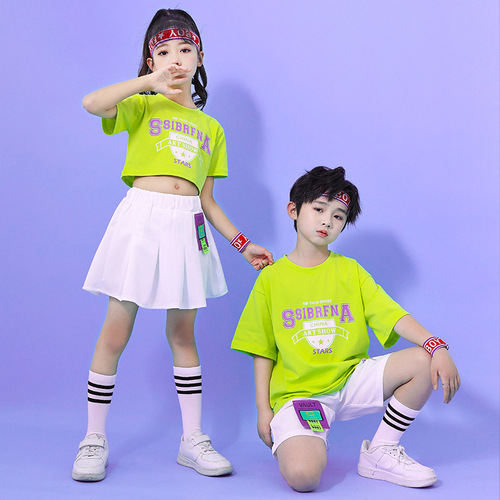 Girls boys green cheerleader uniforms jazz dance costumes for children rapper hip hop street dance outfits dance dress for kids