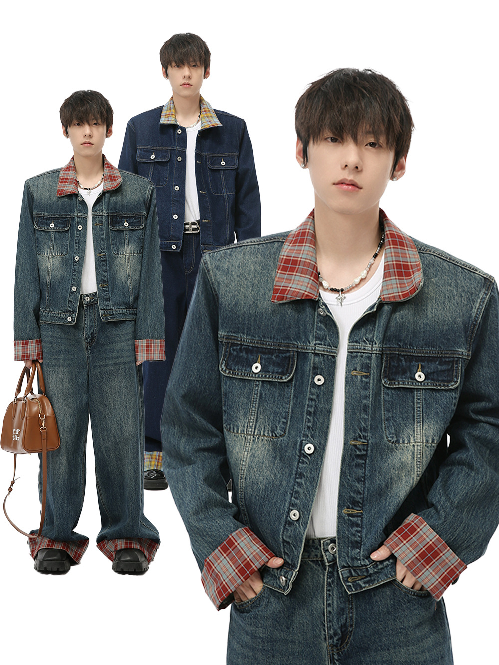 MTLCLOTHES Hombres| 2024 otoño nuevo estilo de Hong Kong retró retrogrado empalme de color contraste de moda conjunto de jeans