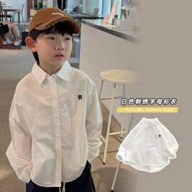 刺绣夏白色长袖衬衣中小男宝宝经典字母韩国春秋男童衬衫其他品牌