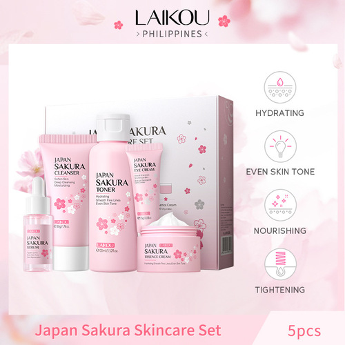 Cross-border LAIKOU Sakura Skin Care Gift Box 5-piece Set Essence Cream Brightening Water Facial Cleanser Moisturizing and Replenishing