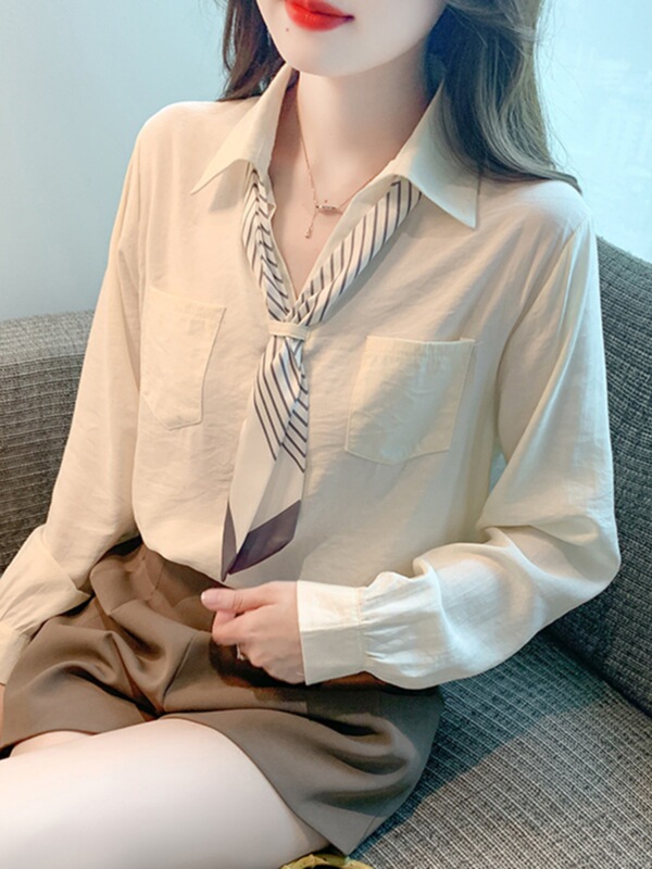 法式飘带长袖polo领衬衫女秋2025新款衬衣时尚减龄白色衬衣A6774|undefined