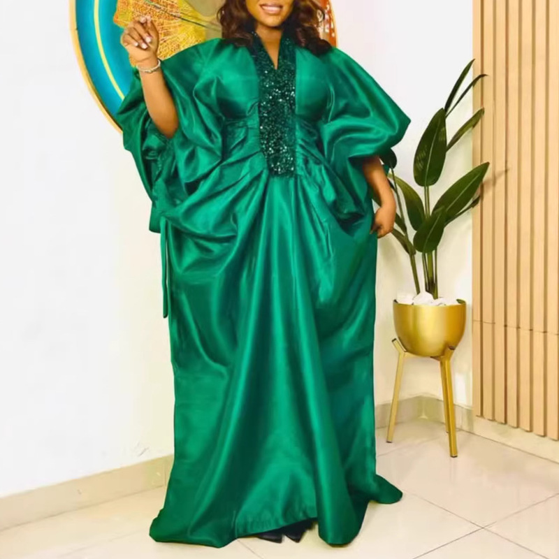 V-Neck Sequined Batwing Sleeve Dress, Pleated Waist, Loose-Fitting African Gown, Evening Dress V-Neck Sequined Batwing Sleeve Dress, Pleated Waist, Loose-Fitting African Gown, Evening Dress