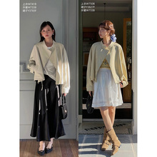 【歌铭】通勤抽绳斜门襟立领皮外套女装秋季新款复古机车服W733B