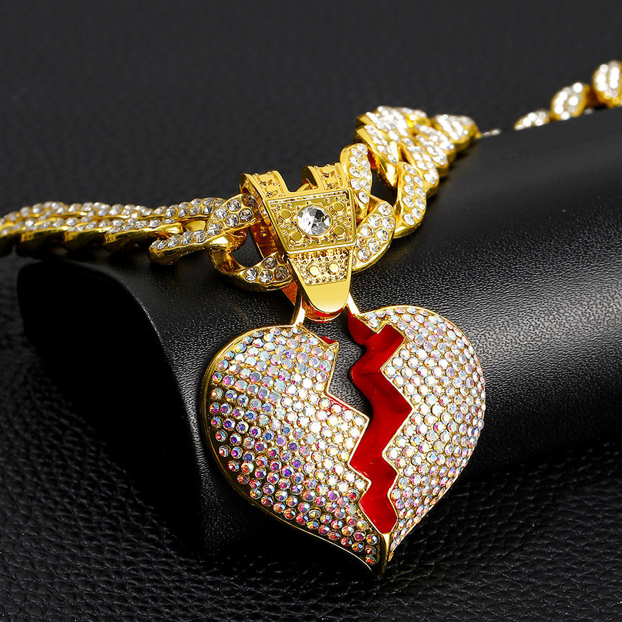 Diamond Broken Heart Necklace With Pink Crystals For Unisex_voghion.com