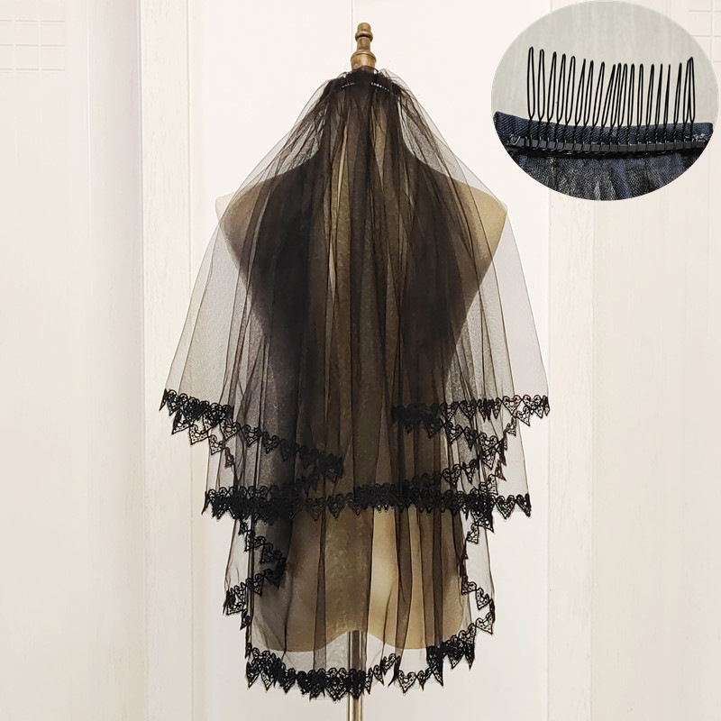 Halloween Ghost Bride Veil Wedding Dress Photo Shoot Style Black and Off-White Short Lace Veil with Comb Hair Accessory Wedding