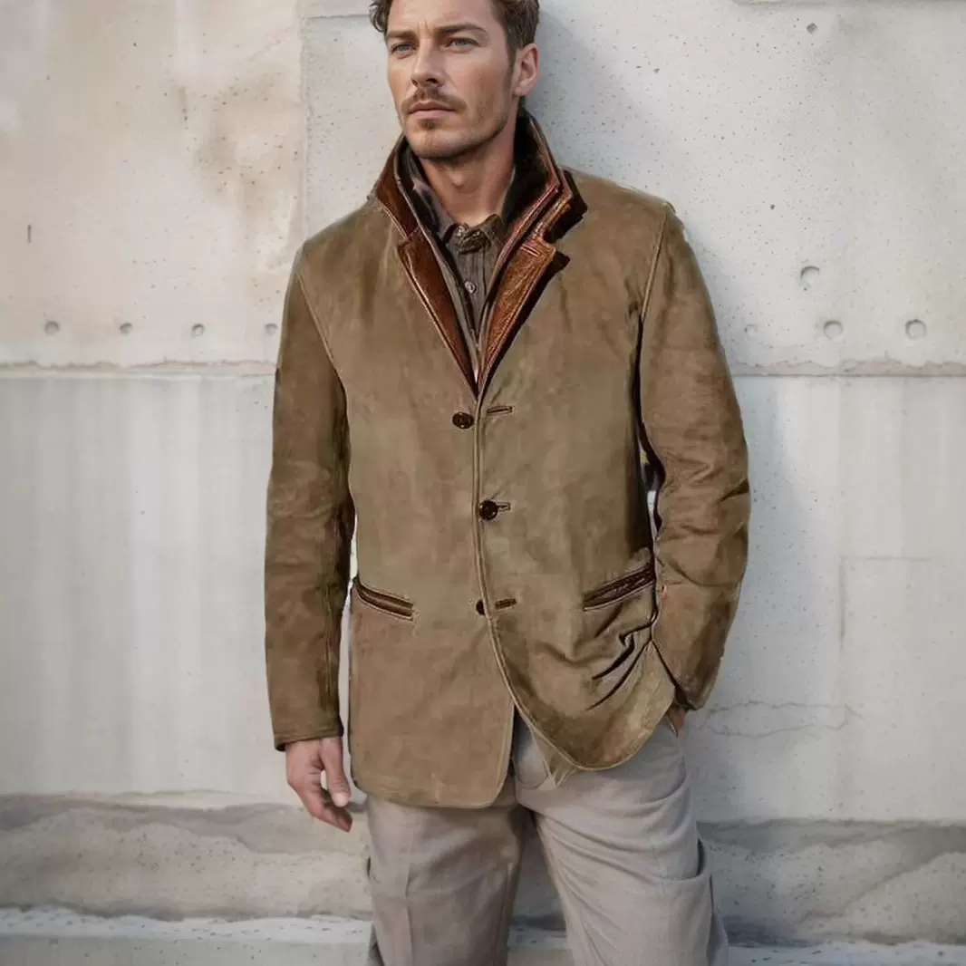 跨境春秋新款男欧美时尚复古夹克男休闲外套翻领拼接撞色上衣