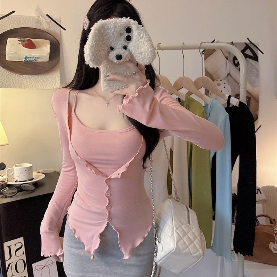 5172 # Sweet and Spicy Girl Camisole Cardigan Two-Piece Set Early Autumn Pure Desire Ruffled Slim Fit Long Sleeve Top