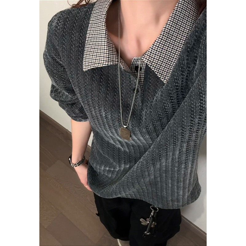 Fishbone Pattern American-style Heavy Polo Collar Sweatshirt For Men, Spring Striped Long-sleeve T-shirt,_voghion.com