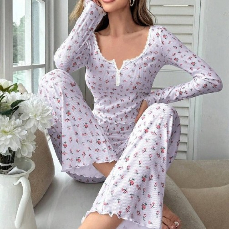 ChicShe Cross-Border European And American Long-Sleeve Collared Pajamas Small Floral Print Pea Vegetable Rolled Hem Long_voghion.com