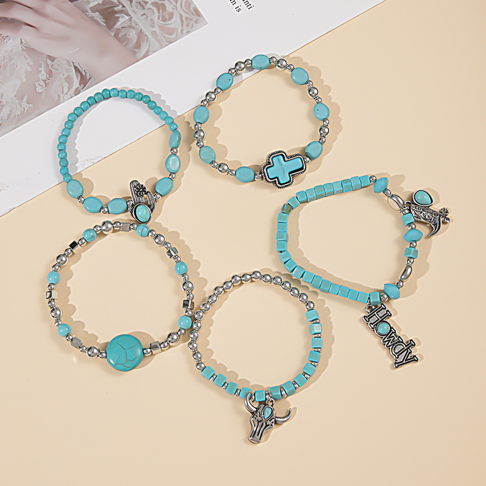 49g Weight Alloy Pendant Material Bracelets Classification Beaded, Turquoise Chain Material 1 Set Quantity Daily Occasion Beaded, Alloy, turquoise Material Cross, Cattle, Boots Pattern Women's Gender Retro Style Retro Cross Cattle Boots Beaded Alloy Turquoise  Beaded Bracelets Wholesale 16