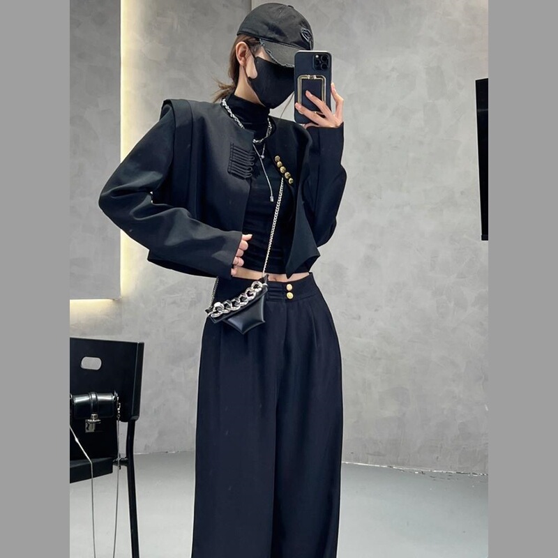 国风复古时尚套装女盘扣设计长袖短款外套高腰百搭裤子秋装两件套|undefined