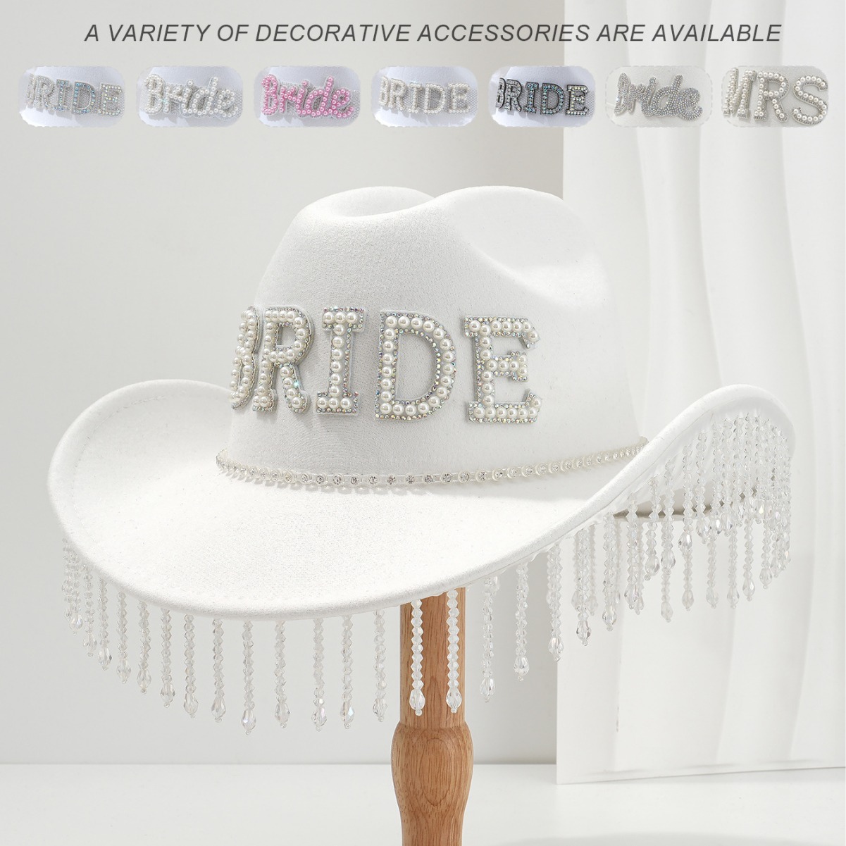 Sombrero de vaquero de fieltro de dama de novia occidental perla BRIDE con colgante de cristal bordilla sombrero sombrero de jazz