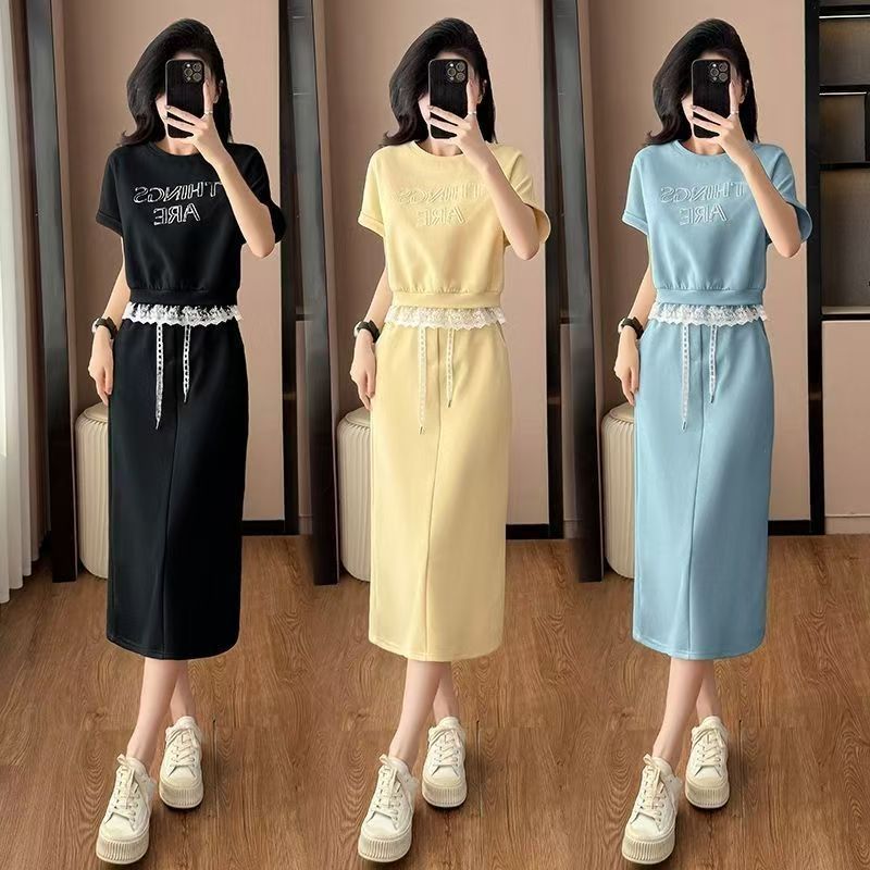 Cross-Border Casual Sports Skirt Suit for Women 2025 Summer New Loose Lace Splicing Sweatshirt and Skirt Two-Piece Set