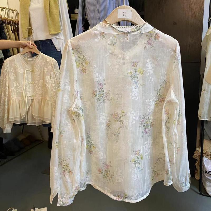 新中式温婉国风碎花拼接蕾丝圆领长袖上衣防晒设计感复古国风小衫|undefined