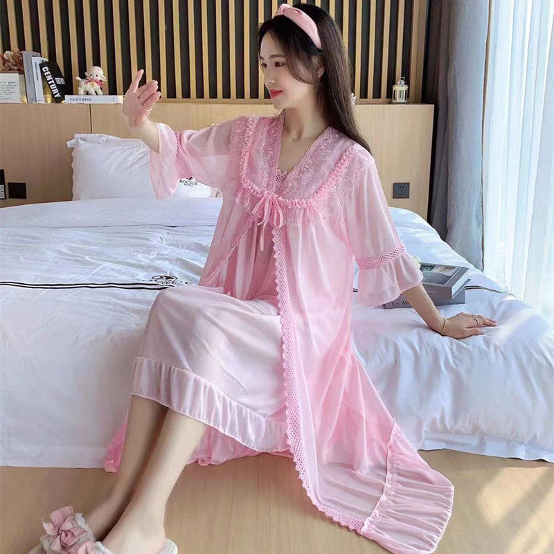 Outside single plus fat spring and summer loose nightgown large size half sleeve ice silk pajamas three-piece robe bathrobe wholesale
