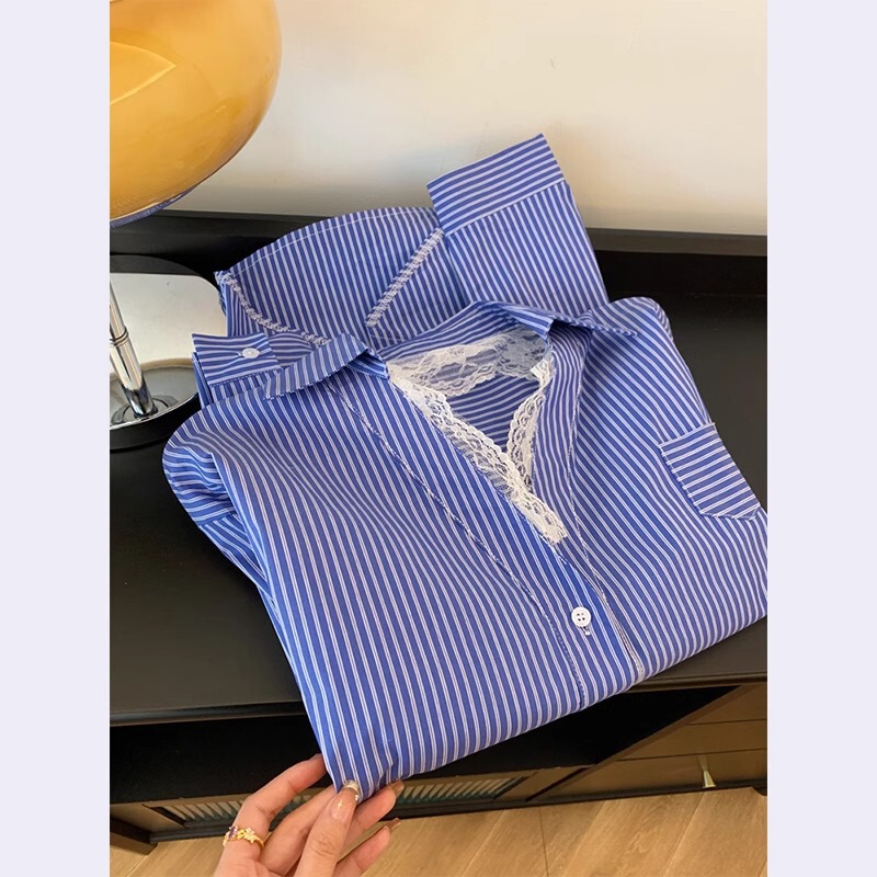 [Original Workmanship] French Lace Splicing Blue Stripesd Shirt Jacket for Women with a Niche Design That Does Not Clash with the Style