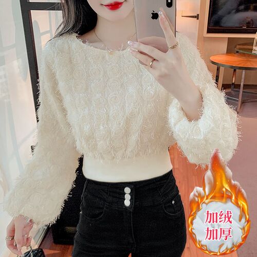 Spring new style, age-reducing fashion, ultra-immortal waist waist lantern, long-sleeved hoodie, women's small short top