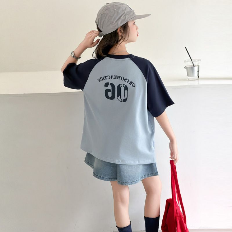 Zhili children's short-sleeved tops and shorts, denim sporty loose print, American comfortable retro raglan sleeves, washed patchwork style.