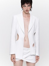 高端欧美女装时尚套装性感腰部镂空小西装上衣褶皱包臀裙两件套女