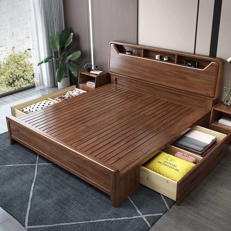 Walnut Bed 2m Large Bed All Solid Wood New Chinese Style Light Luxury Modern Simple Storage Master Bedroom 1.8m Double Bed