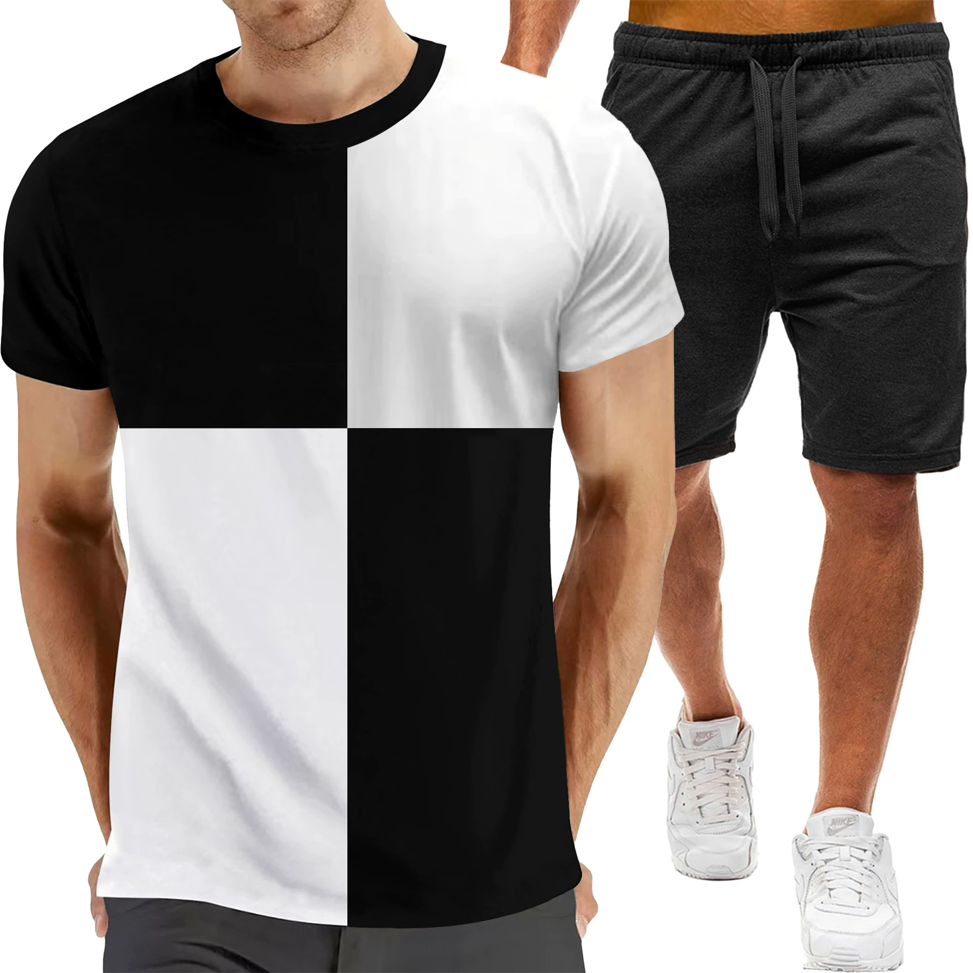 Летняя новинка 2025 года: европейский и американский стиль, короткий рукав, круглый вырез, спортивно-повседневный костюм с цветовым сочетанием.