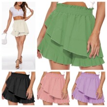 亚马逊2023夏季新款女士短裙欧美迷你裹身裙沙滩休闲飘逸高腰短裤