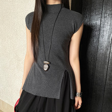 FONE简禾韩系不规则开叉针织衫女2025秋季半高领无袖打底上衣9039