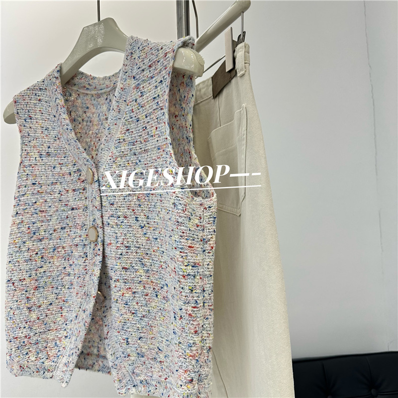 Estilo de Chanel con cuello en V Chaleco de punto cardigan de las mujeres del otoño desgaste exterior colorido hilado de alta Ji sentido split corto Chaleco de estilo occidental