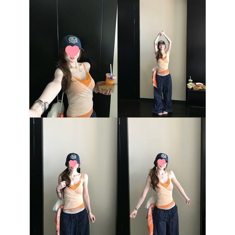 Orange layered camisole sleeveless t-shirt for women, 2026 summer super popular age-reducing top, bright dopamine outfit for the seaside