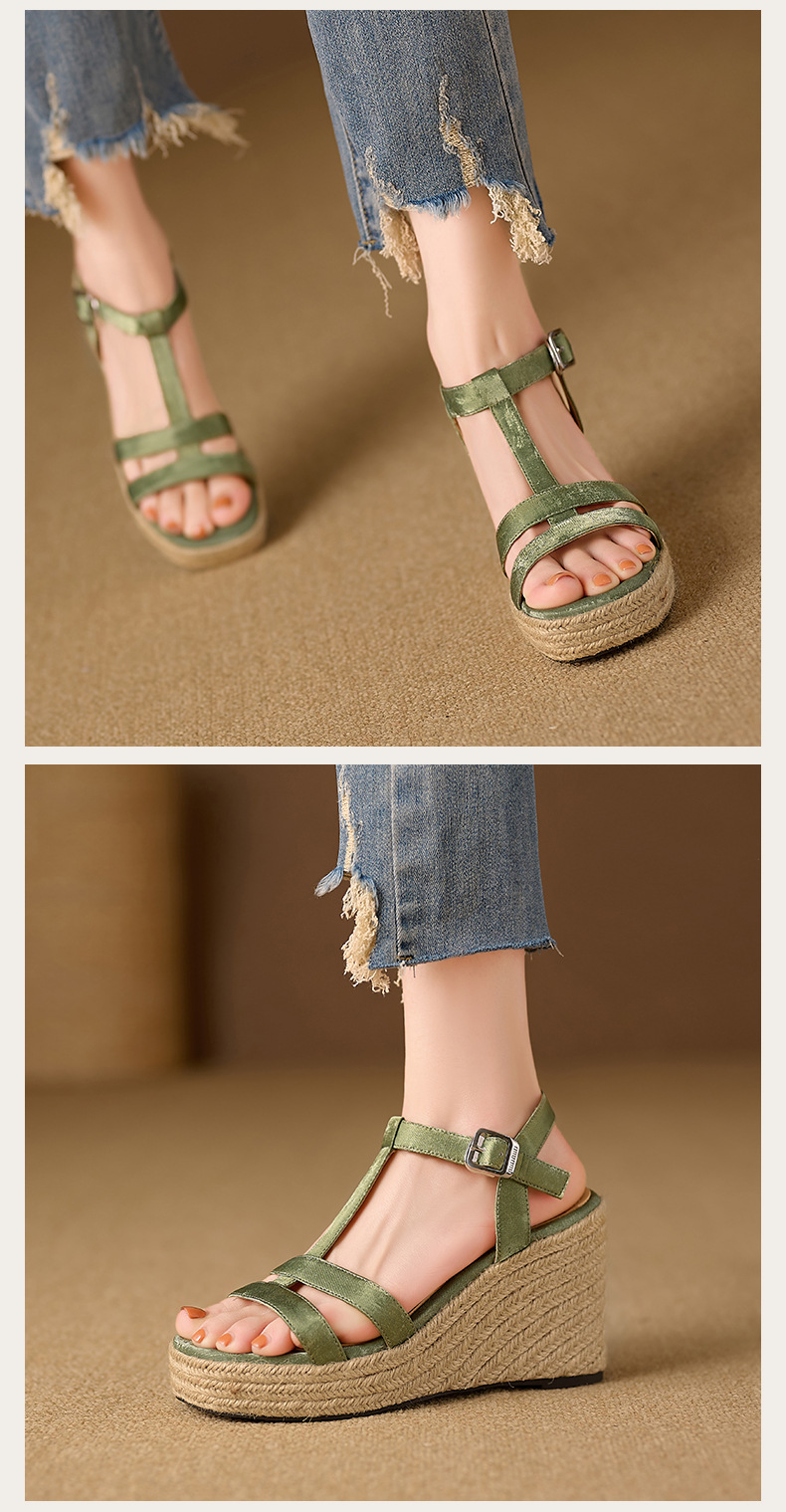 Sandal cao gót nữ hở mũi đế xuồng bện rơm, quai chữ T khóa cài, gót 9 cm — xanh lá cây, màu mơ chi tiết 13