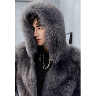2024 Winter New Tuscan Fox Fur Coat Men's Whole Leather Thickened Youth Hooded Imitation Fur Coat Trendy