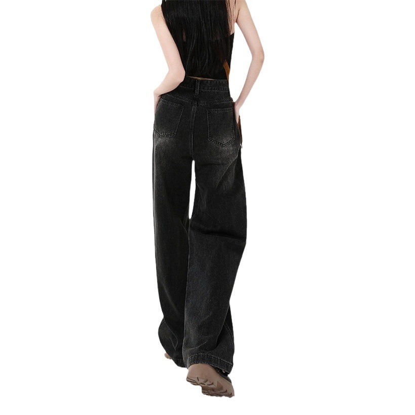 Pantalones vaqueros de pierna ancha negros y grises para mujeres adelgazantes rectos cintura alta Primavera y otoño 2023 nuevo diseño sentido nicho pantalones fregona