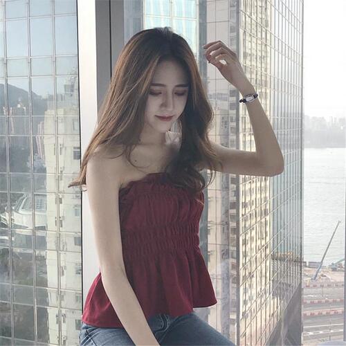 Women's Summer Korean Version New Compression Pleated Mushroom Edge Bralette Backless Short Sleeveless Top Outer Worn Base Shirt