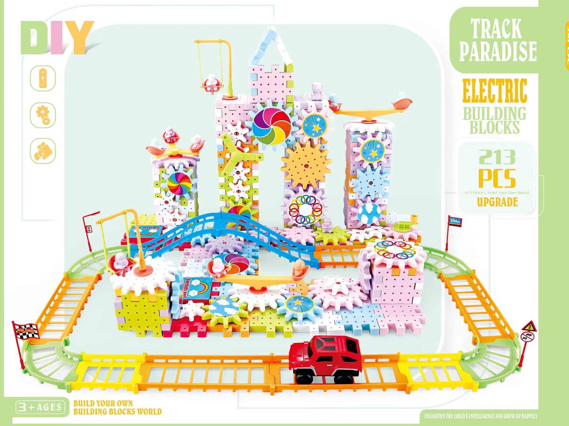 213 piezas de engranaje eléctrico giratorio de partículas grandes bloques de construcción juguetes de coches de ferrocarril montaje de juguetes educativos traje de 3-6 años de edad