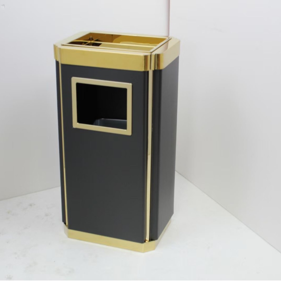 方形黑色酒店垃圾桶/商场铁质垃圾桶/简约金边带烟灰缸废物桶现货