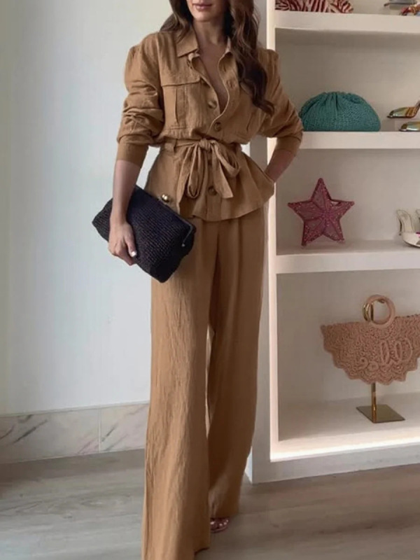 欧美跨境女装两件套女2025翻领长袖衬衫纽扣休闲纯色裤阔腿套装|undefined