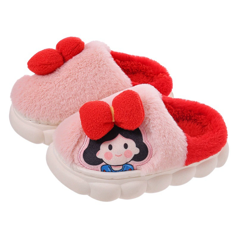 Детские хлопковые тапочки для маленьких девочек, милые домашние туфли на каблуке с героями мультфильмов, зимняя теплая нескользящая обувь принцессы