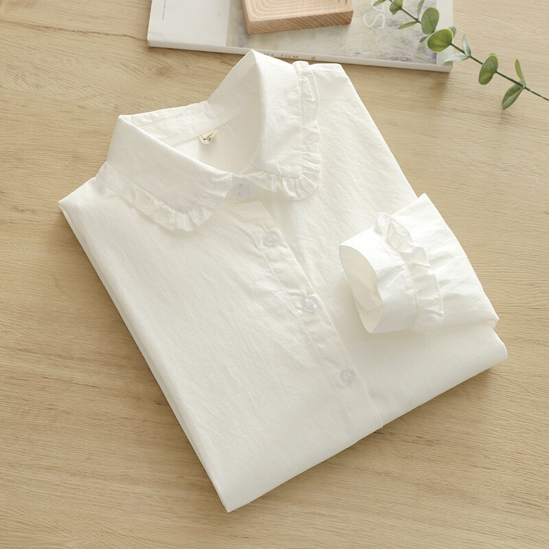 Korean-Style Artistic Fresh Ruffled Edge Doll Collar Pure Cotton White Shirt for Women, Long-Sleeved, Versatile for Commuting Korean-Style Artistic Fresh Ruffled Edge Doll Collar Pure Cotton White Shirt for Women, Long-Sleeved, Versatile for Commuting