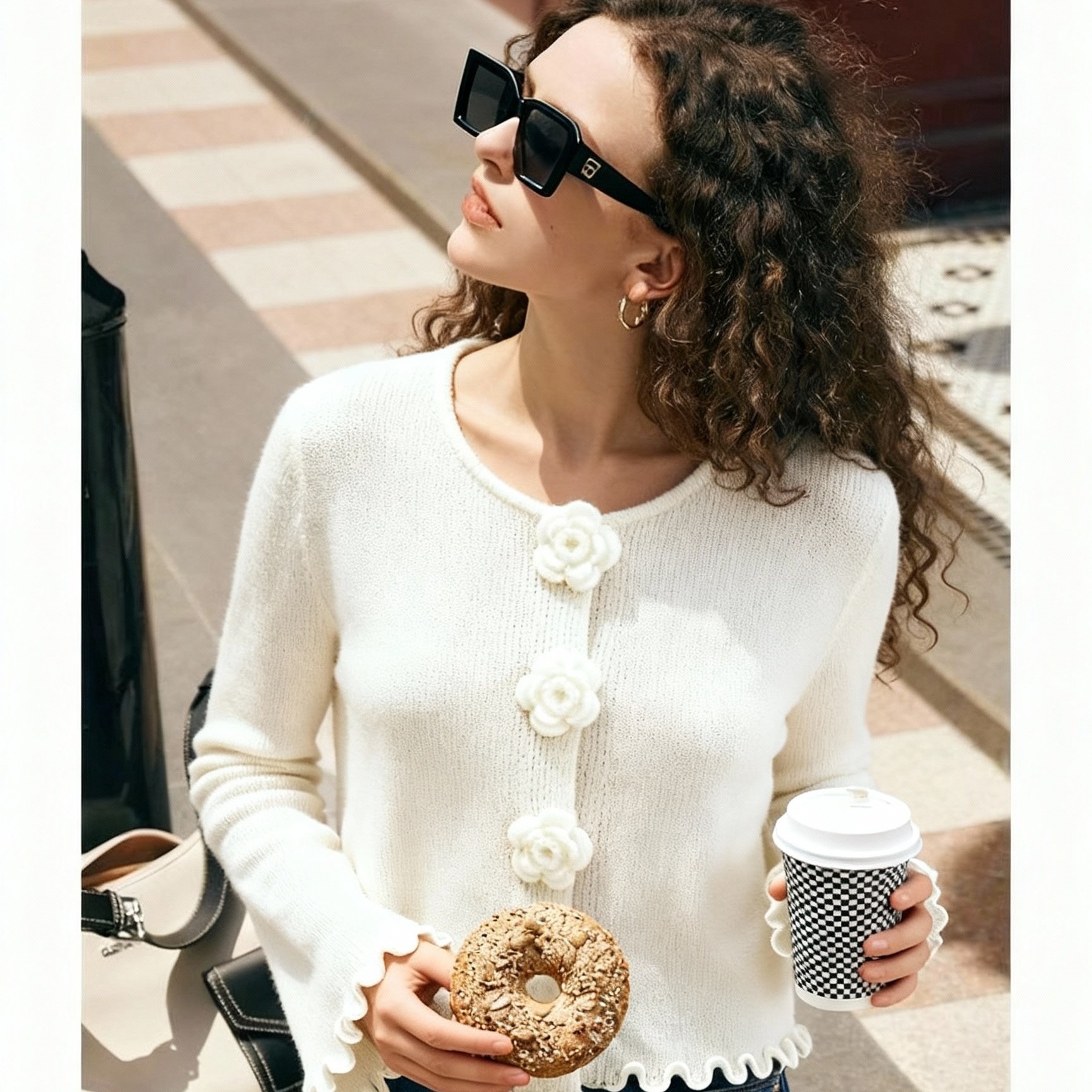 实拍欧美跨境秋冬时尚立体花朵木耳边长袖针织衫通勤纯色短装毛衣