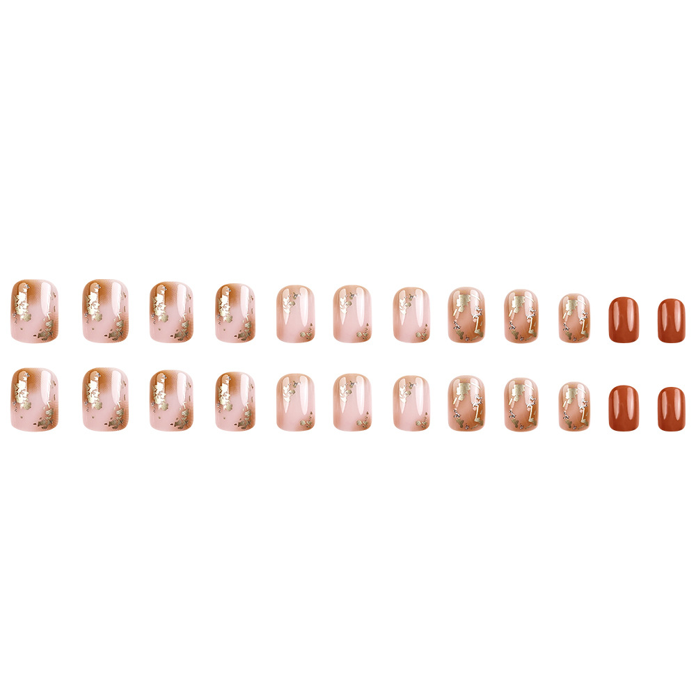 Polvo marrón de oro de lámina de manicura gradiente de uñas cortas suaves lujosas 24 piezas de uñas falsas parches image 6