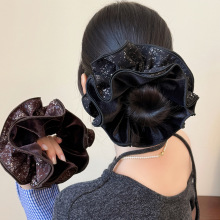 大号四层丝绒碎花大肠发圈褶皱小香风韩版发绳头花百搭时尚头绳女