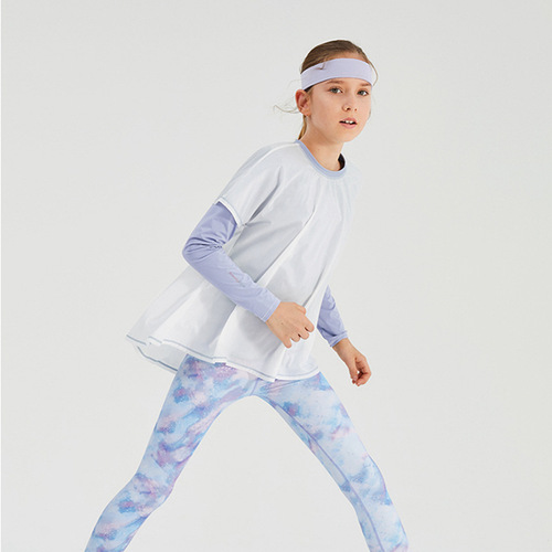 New Summer Girls Children Yoga Set Long Sleeve Double Layer Lightweight Breathable Sun Protection False Two-Piece Quick-Dry Exercise Fitness Clothes