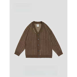 秋冬设计复古日系暗条纹开衫青少年潮牌情侣个性毛衣韩版港风V领