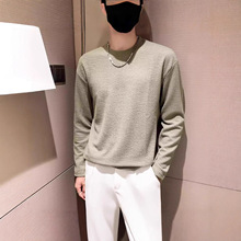 春夏新款韩国男装代购纯色褶皱纹理圆领弹力休闲长袖T恤男