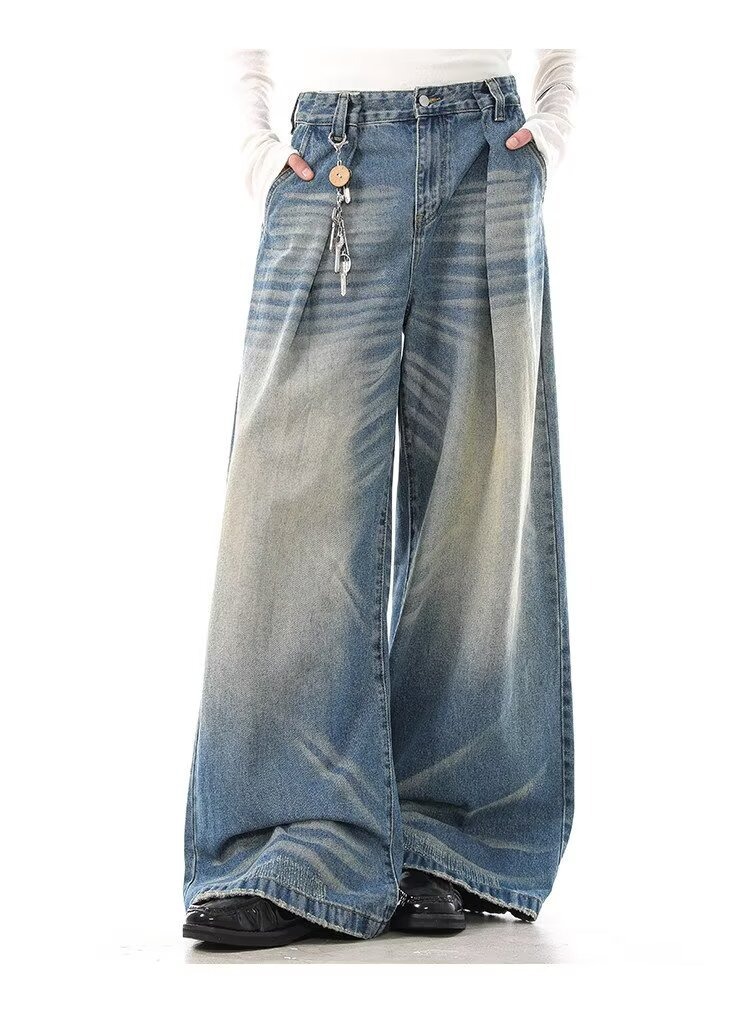 High Waist Wide-Leg Vintage Washed Jeans Cat Whisker Distressing Classic Blue S-3XL Men's Clothing Denim Trousers_mkmklike.com