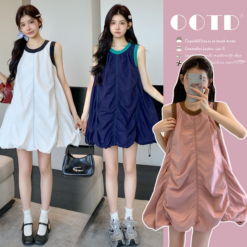 Vest Dress Sleeveless New Style Real Shot Age-Reducing Design Color-Blocking Summer Maternity 2026 Pleated White Pink